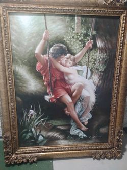 Large Framed Oil Painting Romantic Swing Scene
