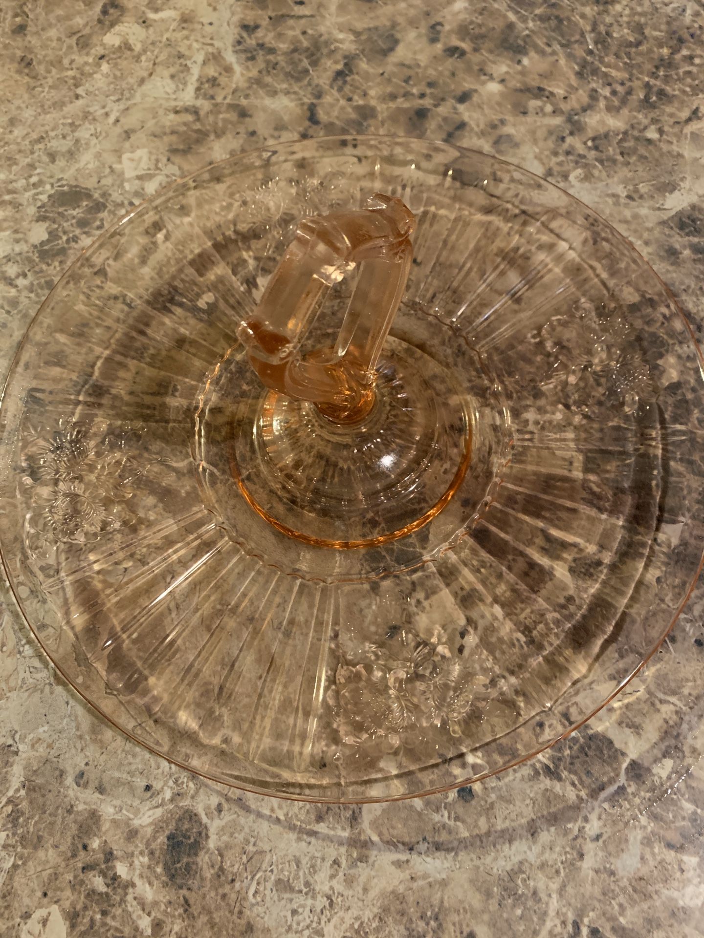 Vintage pink depression glass sandwich server, center handle tidbit tray, etched glass