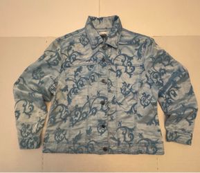 Pre Owned Excellent  Draper’s & Damon’s  Satin Denim Jacket  Paisley Brocade Button  Blue  Women Size Medium