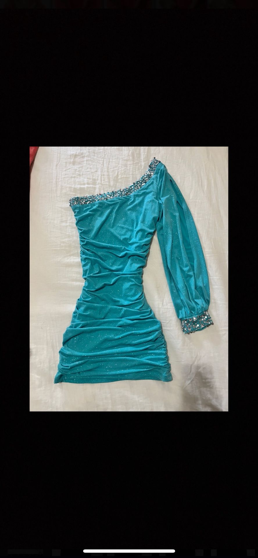 Vintage Teal Mini Dress- Unique One Shoulder Dress