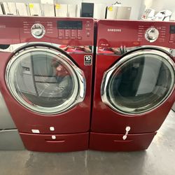 Red Samsung Front Load Washer and Dryer Set