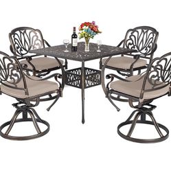  4 Piece Outdoor Bistro Dining Chair Set Cast Aluminum Dining Chairs for Patio Furniture Garden Deck Antique Bronze (Swivel Rocker Chairs with Khaki C