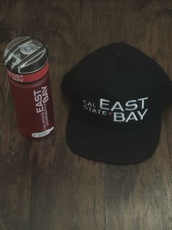 Cal State East Bay Black Snapback Hat and Red Water Bottle