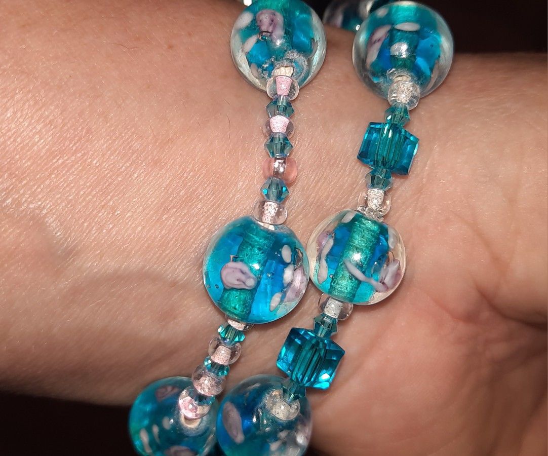 PINK ROSES GLASS BEADS BRACELETS, ANKLET, & RING SET