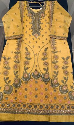 Beautiful Yellow Thread And Sari Embroidered Party Wear Ready Made Salwar Kameez 