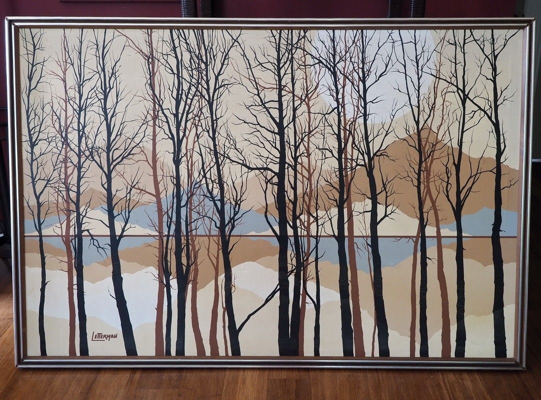Vintage Letterman Painting Fall Trees Mountains