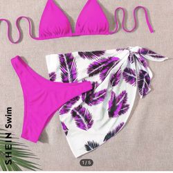 SHEIN Pink Bikini Set with Tropical Sarong