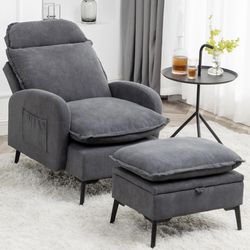 Accent Chair with Ottoman - Reading Chair and Storage Ottoman Set Velvet Comfy Recliner Arm Chair Cozy Lounge Sofa for Living Room Bedroom Dark Grey