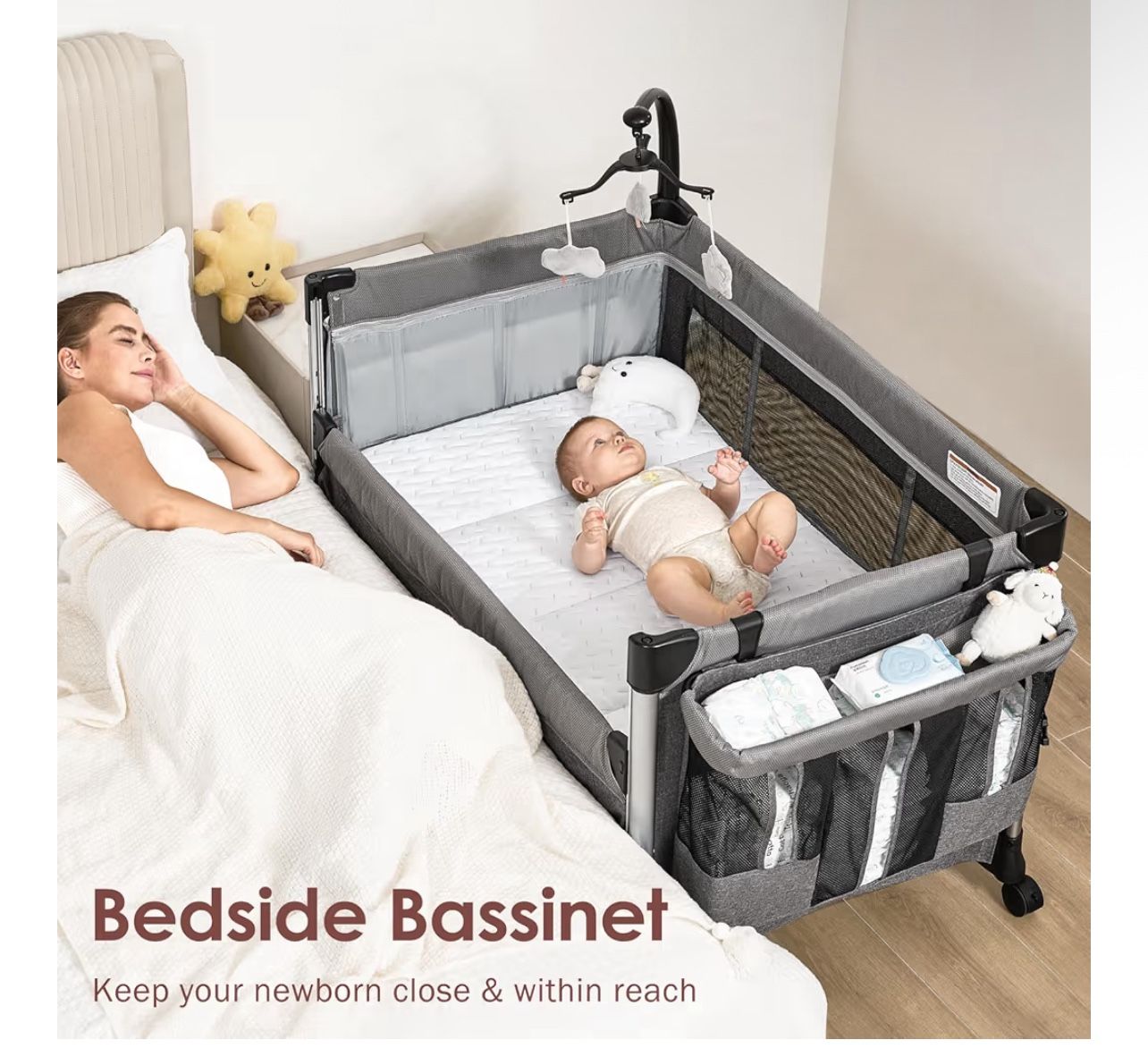 4-in-1 Baby Bassinet with Mattress - One-Push Setup Playard - Bedside Crib with Diaper Changer from Newborn to Toddler (Grey) 