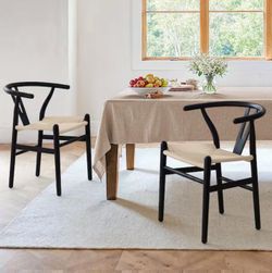Set of 4 Black Solid Wood Wishbone Dining Chairs with Handcrafted Woven Seat