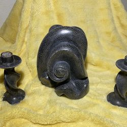 Vintage African Carved Soapstone Candle Holder Set and Abstract Design figurine