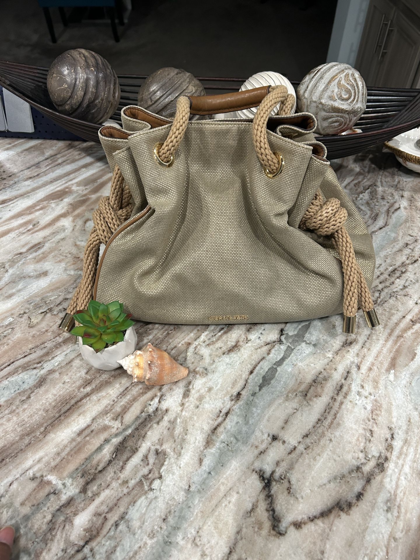 Michael Kors Tan Satchel Handbag With Double Rope Handles And Gold Hardware And Brown Leather Accents