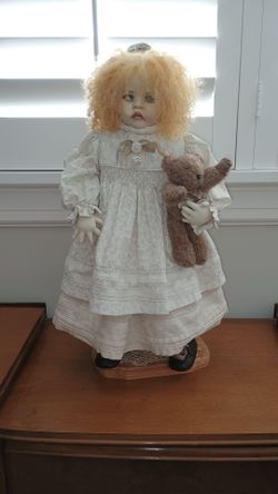 Vintage Porcelain Collector Doll with Teddy Bear