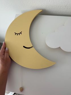 Wooden Crescent Moon and Cloud Kids Wall Light