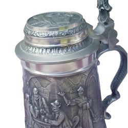 ANTIQUE DETAILED MULTI FIGURE GERMAN PEWTER 8" STEIN TANKARD GERMANY EARLY 1900