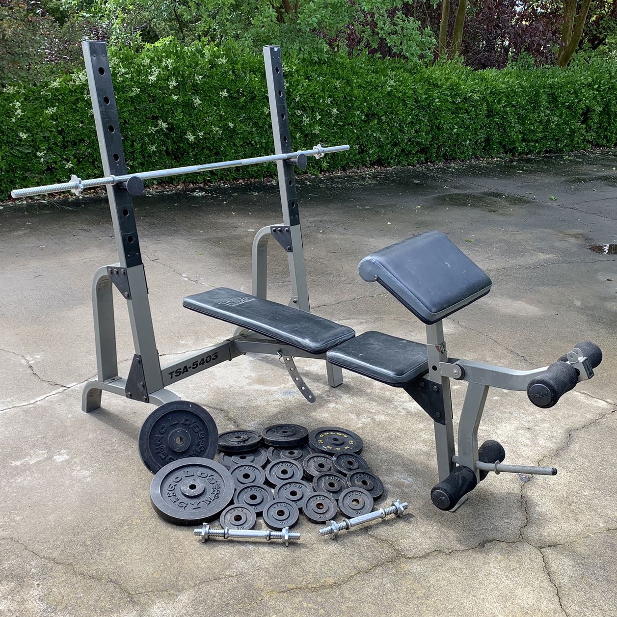 TSA Adj. Weight Bench +150lbs Standard 1” plates + barbell+ (2