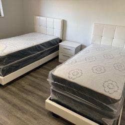 2 Twin Size Bed Frame With 2 Mattresses 1 Nightstand All New Furniture Free Delivery Free Installation