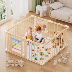 New In Box Wooden Baby Playpen 50 × 50 Inches, Foldable Playpen Fence with Cute Digital Blocks & Storage Bag, Wooden Baby Gate, Multi-Shape Play Yard 