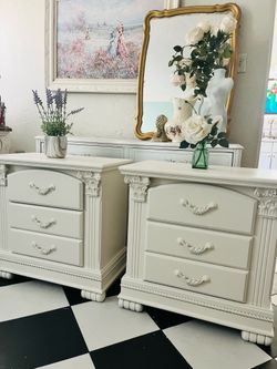 White Ornate 3-Drawer Nightstands Set of 2