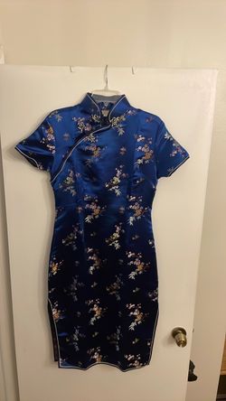 Blue floral satin cheongsam-style midi dress
