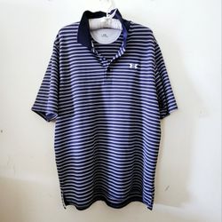 Size XL Under Armour Navy Blue/White Striped Short-sleeved Men's Polyester Polo Collared Button Up Dress Shirt. 95% Polyester, 5% Elastane. Pre-owned 