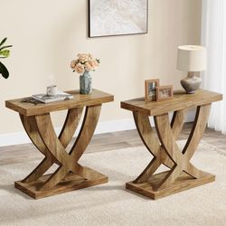 Wood End Side Table for Living Room Set of 2, Night Stand for Bedroom with Cross Fishtail Support, Farmhouse Nightstand for Small Spaces, Accent Furni