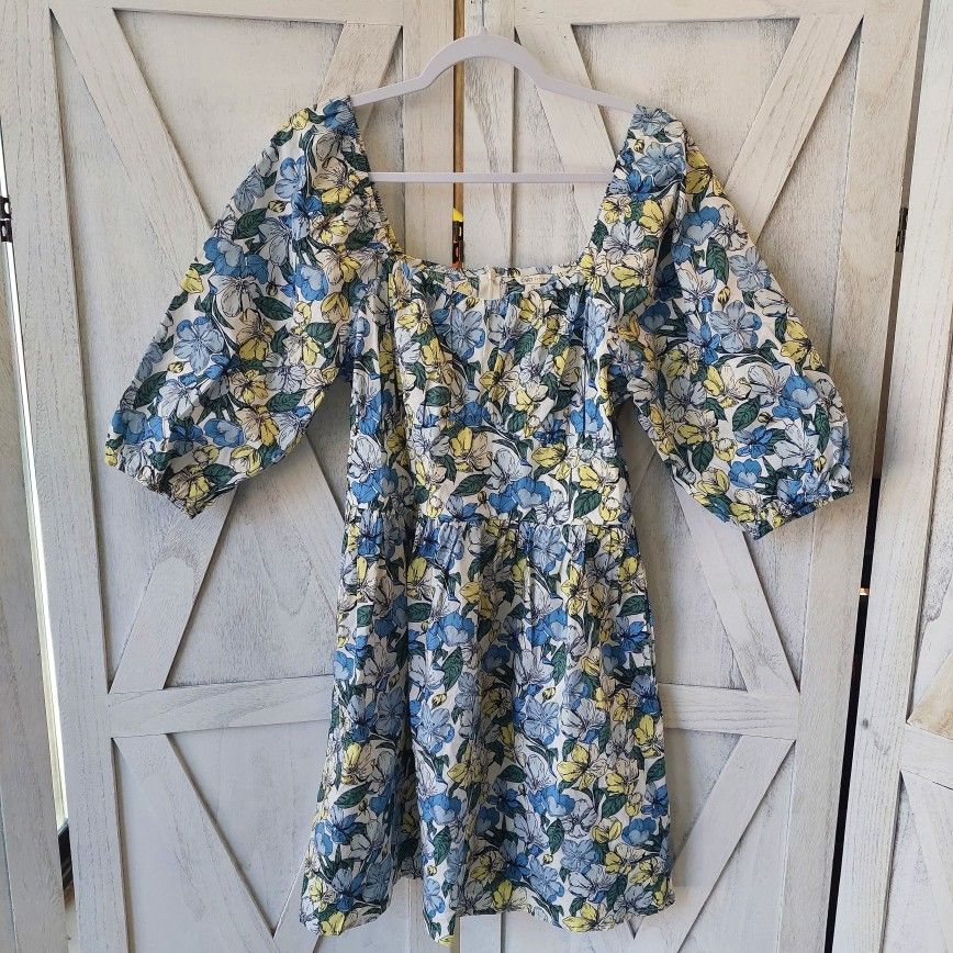 Blue Floral Puff Sleeve Mini Dress