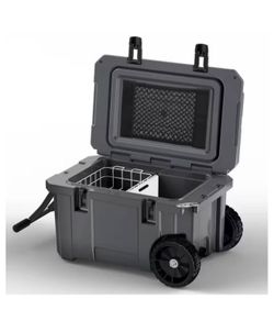 27.5 in. 55-Quart Cooler with Wheels, Warming Drawer, Leak-Proof Outdoor Insulated Cooler with Handle, Cup Holders, Grey 