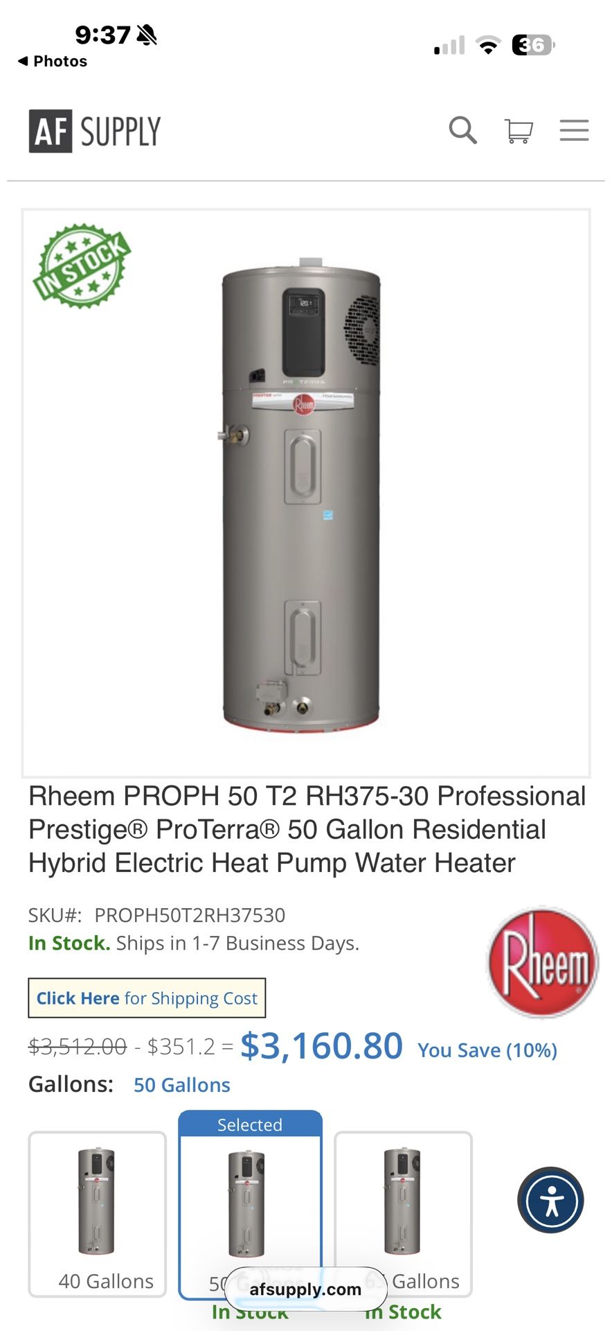 Rheem PROPH 50 T2 RH375-30 Professional Prestige® ProTerra® 50 Gallon Residential Hybrid Electric Heat Pump Water Heater