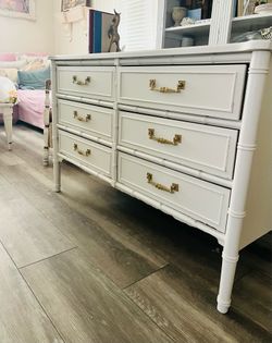 White Faux Bamboo 6-Drawer Dresser with Brass Hardware