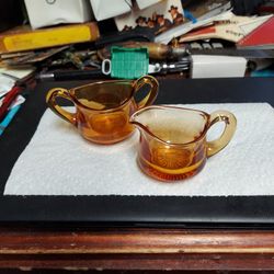 Pair Amber Glass, Cream And Sugar, Sold As Set, Perfect