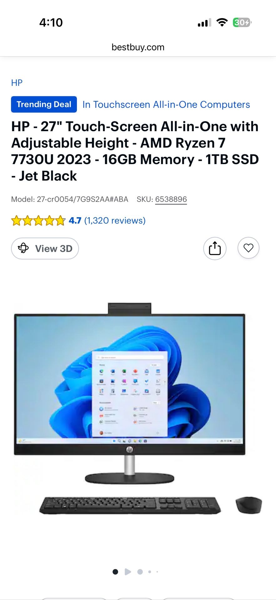  ⸻  HP 27” Touchscreen All-in-One (Ryzen 7, 16GB RAM, 1TB SSD) – Cracked Screen – Works Perfectly