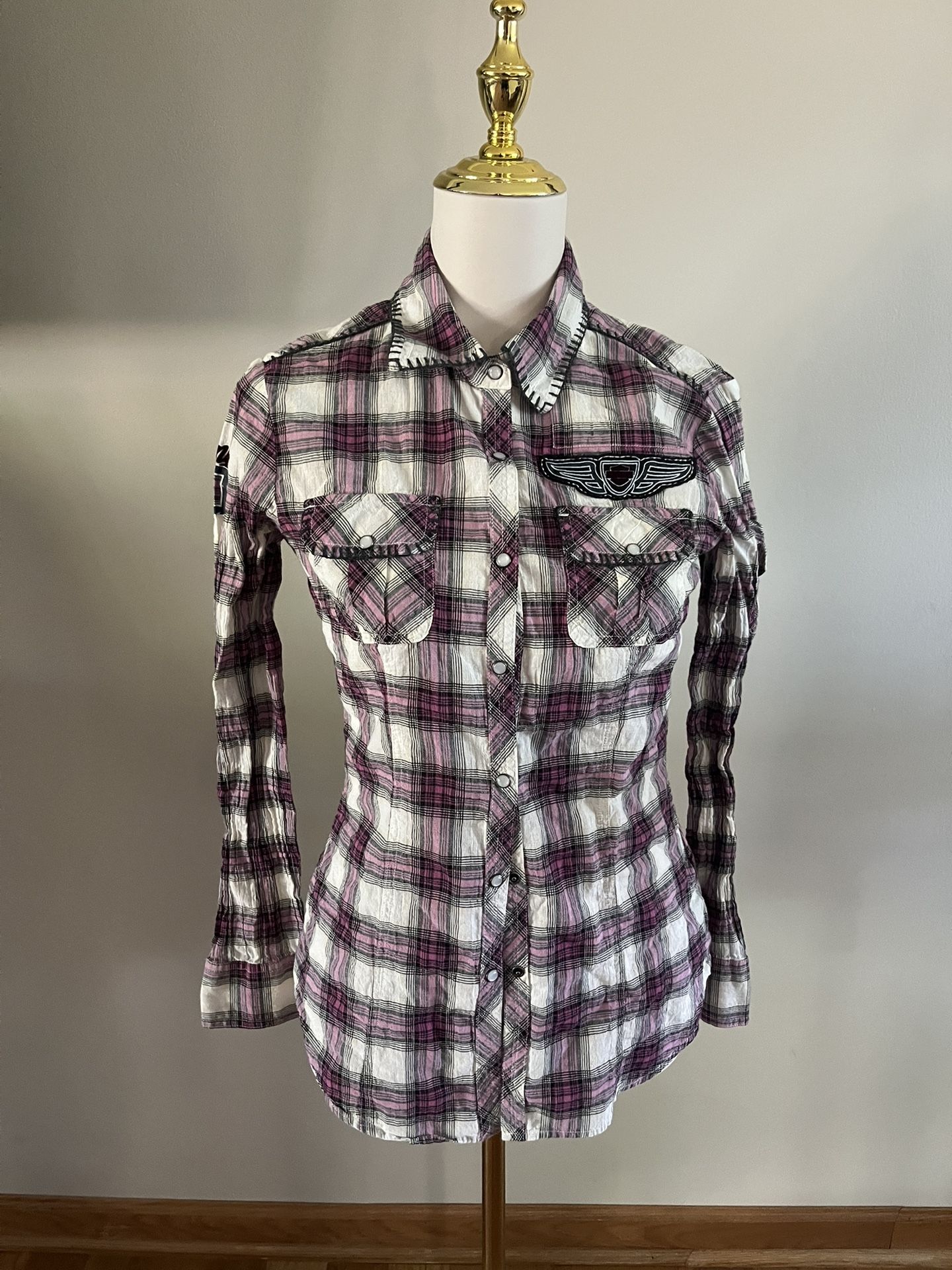 HARLEY-DAVIDSON Small Purple Plaid Logo Button Down top