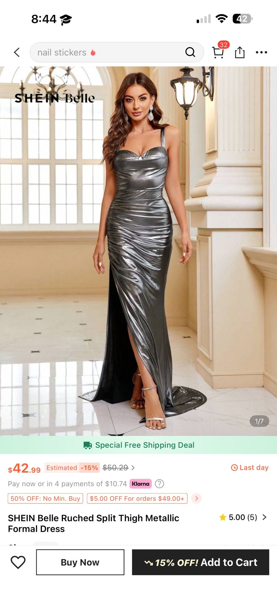 SHEIN Belle Ruched Split Thigh Metallic Formal Dress