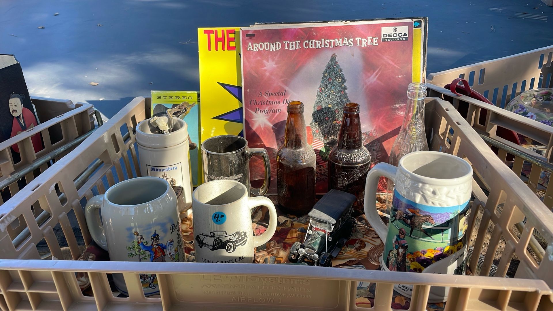 Vintage Mugs, Bottles, Toy Cars, Records