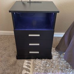 Black Nightstand with Charging Station LED Lights, Side Table with 3 Drawers, Modern End Table with Strips USB & Outlet, Beside Wooden Cabinet f
