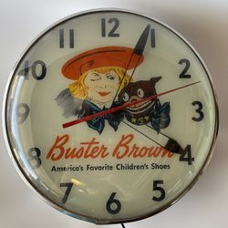 Vintage Buster Brown Wall Clock, Rare, Pam Bulb Electric Clock circa April 1955.