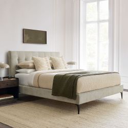 west elm queen bed frame beige tufted cushion