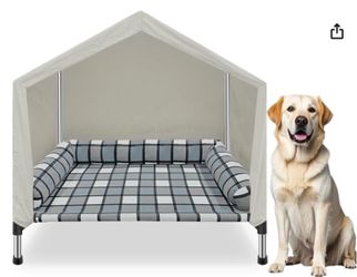 Elevated Dog Bed House with Canopy & Bolster, 2-in-1 Outdoor Raised Dog Cot | Weatherproof Cooling Indoor Pet Cot with Pillow, Portable Tent Dog Cot w