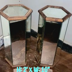 Postmodern Mirrored Hexagon Pedestal With Wooden End Tables