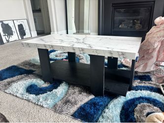 Modern Faux Marble Coffee Table with Storage Shelf – Black & White