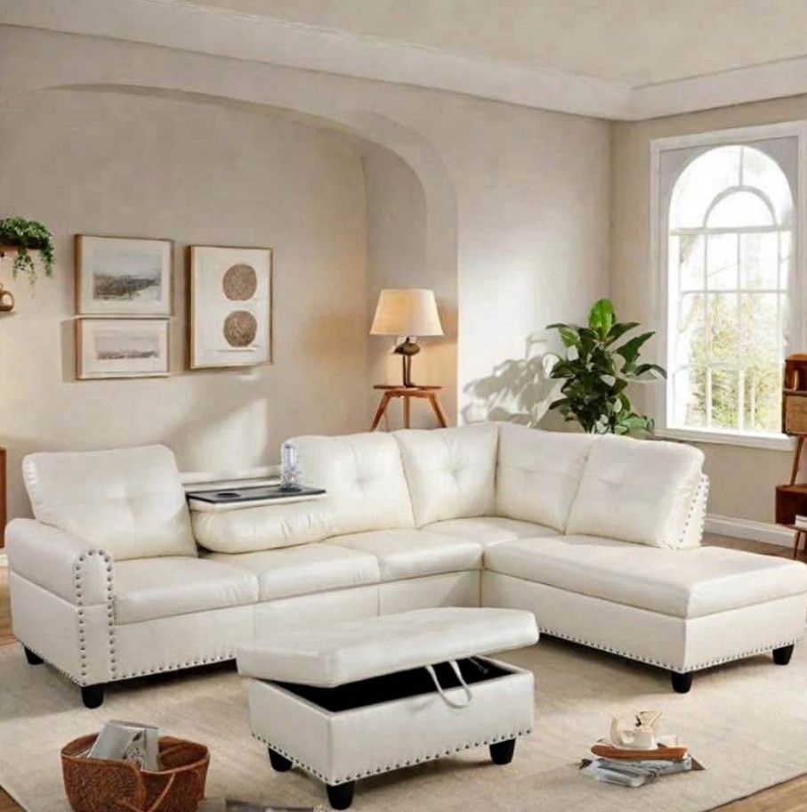 New White Leather Sectional Couch With Ottoman 