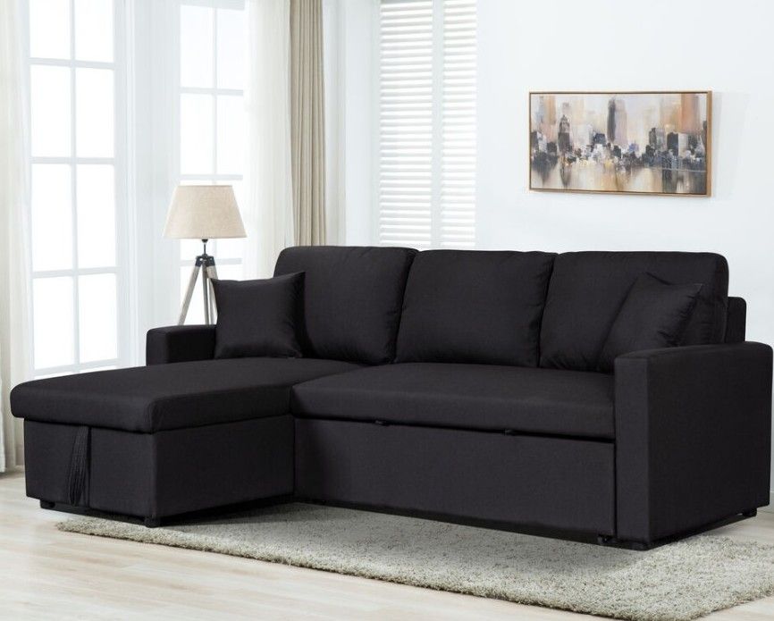 82"W Black Linen Fabric Reversible Sleeper Sectional Sofa with Storage Chaise