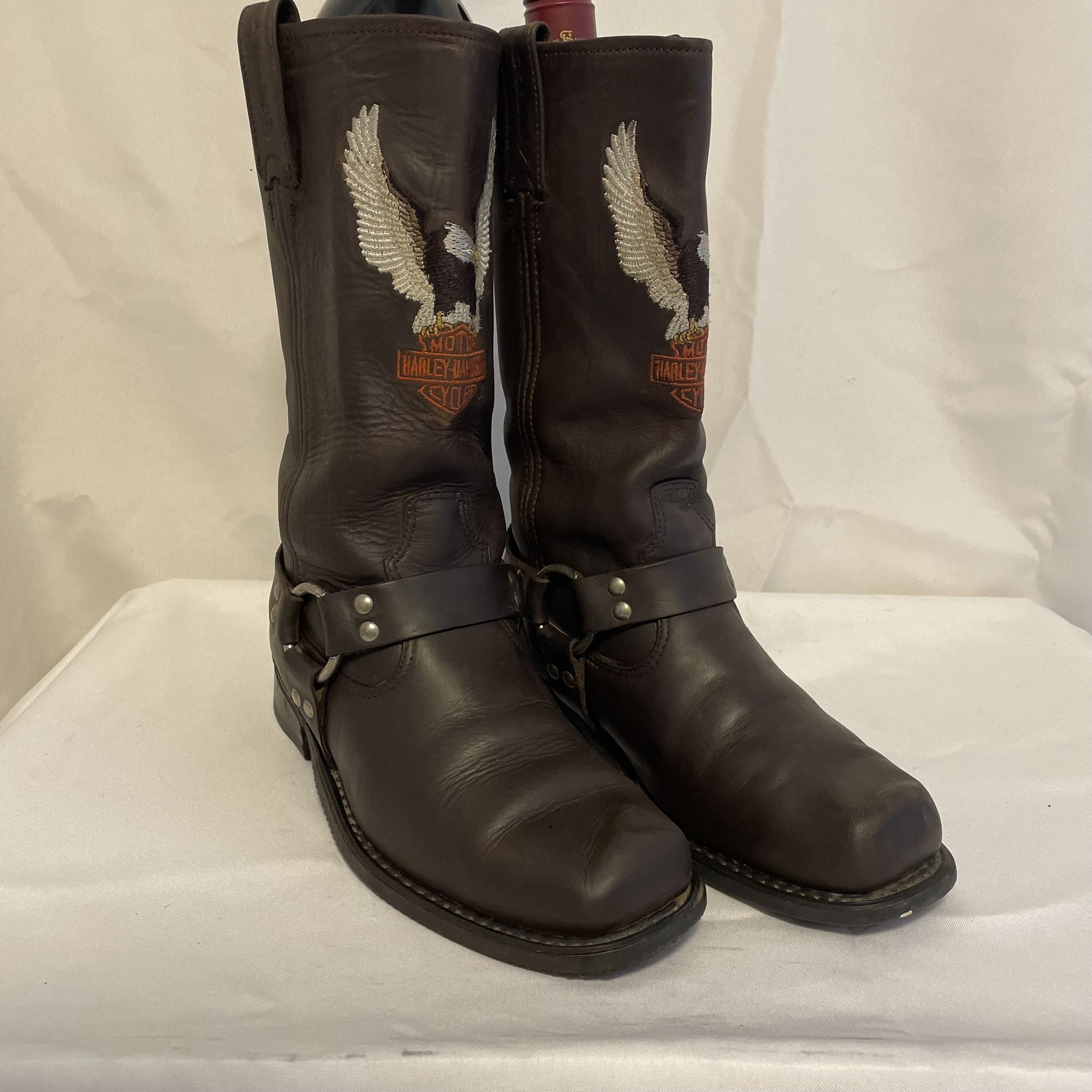 Harley-Davidson Brown Leather Motorcycle Boots W8 Eagle Embroidery