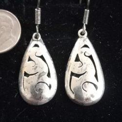Vintage Taxco Mexico Sterling Silver Puffy Teardrop Cut Out Open Scroll Design Dangle Drop Pierced Earrings 925