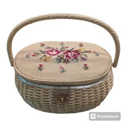 Vintage 70's Oval  Woven Wicker Sewing Basket W Floral Needlepoint Lid W Handle Japan