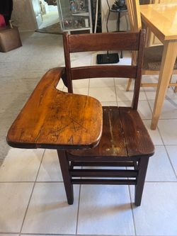 Vintage Antique Student Mission Oak Wood School Chair & Attached Desk