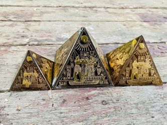 Egyptian Revival Brass Etched Pyramid Paperweights And Urn  Thumbnail