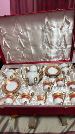 Porcelain Tea Set with Gold and Red Detail
