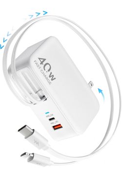 🔥Brand new🔥 Retractable USB C Charger Wall Plug with 35.5in/90cm Type C Cables Cords,40W Fast Charging Foldable Block Multi Charger for All Devices 